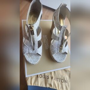 Michael Kors Cream Wedge Sandals with Gold Accents